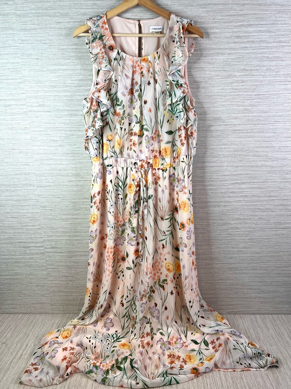 Calvin Klein Pale Blush Floral Maxi Dress with Ruffles